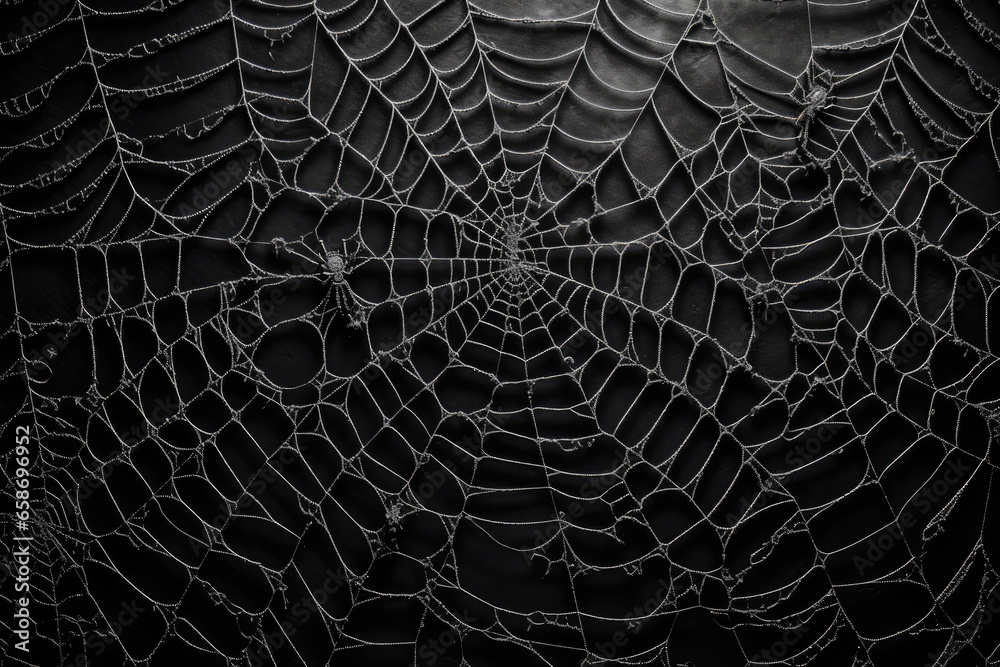 Halloween background. Black lace spider web silhouette against black background - obrazy, fototapety, plakaty 