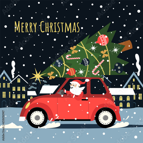 Santa Claus is driving a car. Merry christmas and a happy new year. Design elements for banner, flyer, postcard.