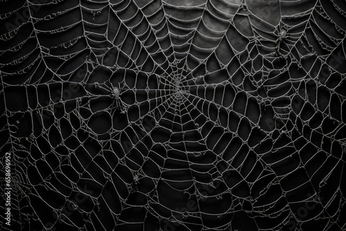 Halloween background. Black lace spider web silhouette against black background