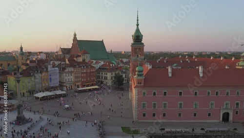 Warsaw Royal Castle and zoom out on Castle Square Aerial view - Warsaw, Poland