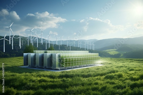Renewable energy storage for microgrids using wind and solar farms, depicted conceptually. Generative AI