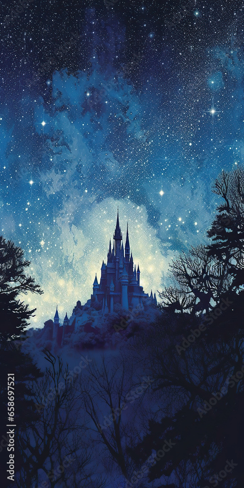 Starry Night over a Snowy Castle,castle in the night,view of the castle of the mountains,view of a castle Starry Night over a Snowy Castle,castle in the night,view of the castle of the mountains,view of a castle