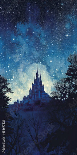 Starry Night over a Snowy Castle,castle in the night,view of the castle of the mountains,view of a castle