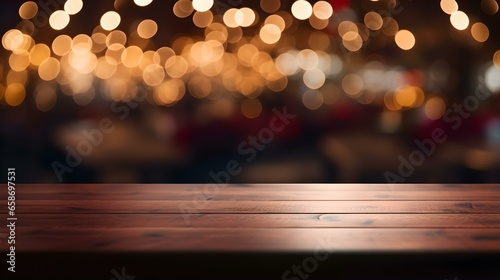 Close up of a wooden Table in front of orange Bokeh Lights. Festive Backdrop with Copy Space