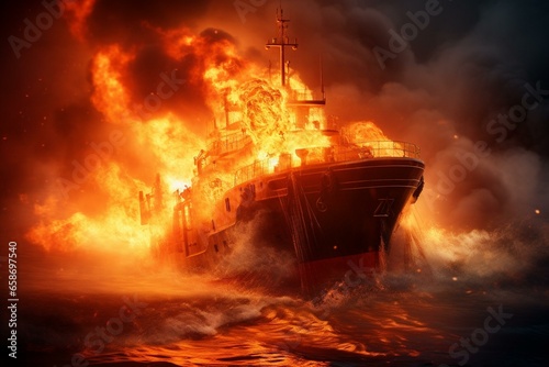 Boat rescues burning fuel ship with exploding cargo ship on fire and smoke at sea. Generative AI