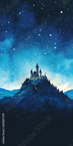 Starry Night over a Snowy Castle,castle in the night,view of the castle of the mountains,view of a castle © Moon