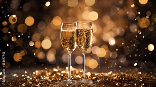 Festive background with champagne glasses. Christmas mood. Bokeh in the background.