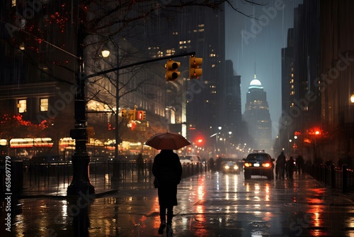 A realistic photograph in a big city at night while it's raining and there are reflections from the road. photo
