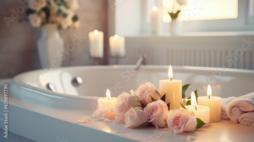 A stylish white bathroom featuring a vessel sink  roses  and candles  setting a romantic and Zen-like mood.