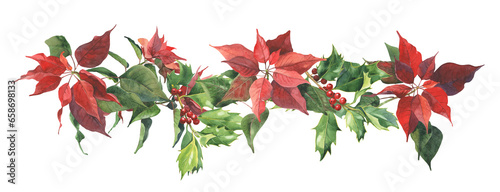 Watercolor Christmas line made of Christmas rose and berries