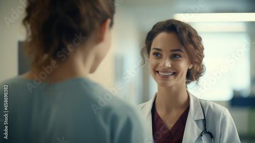 A female doctor discusses with a smiling patient in a hospital, reflecting a positive and compassionate healthcare interaction.