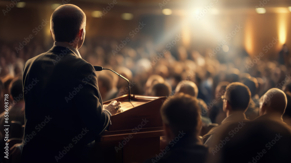 A speaker addressing an audience in an auditorium during a seminar, viewed from behind, showcasing the educational interaction. A speaker addressing an audience in an auditorium during a seminar, viewed from behind, showcasing the educational interaction.