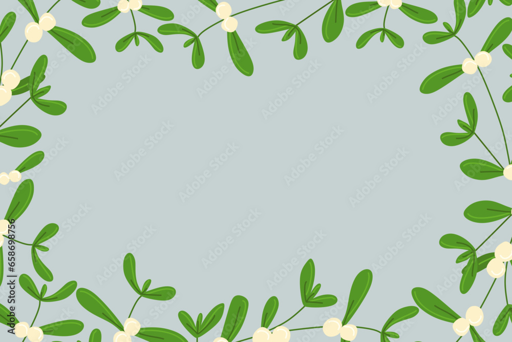 Mistletoe vector Frame. Floral Border. Flat cartoon Christmas decoration. Botanical decorative element, Postcard, Poster, Banner, Card template, Wedding invitation. Color Seasonal illustration. Mistletoe vector Frame. Floral Border. Flat cartoon Christmas decoration. Botanical decorative element, Postcard, Poster, Banner, Card template, Wedding invitation. Color Seasonal illustration.