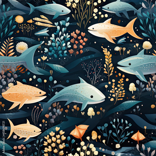 Abstract Ocean Life: AI-Created Seamless Pattern with Whales, Dolphins, and Shark © Tony