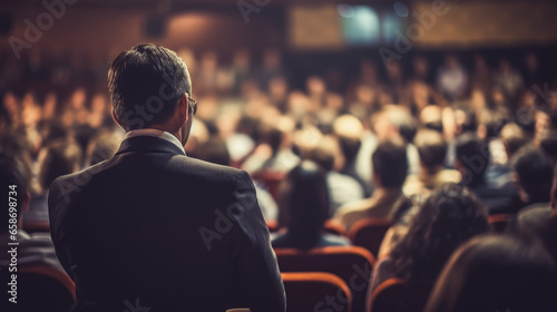 A speaker giving a lecture to an audience in an auditorium, seen from behind, emphasizing the seminar's engaging atmosphere.