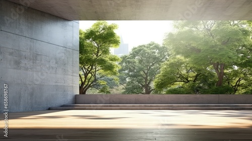 3D rendering of products shown in concrete hallway with park background