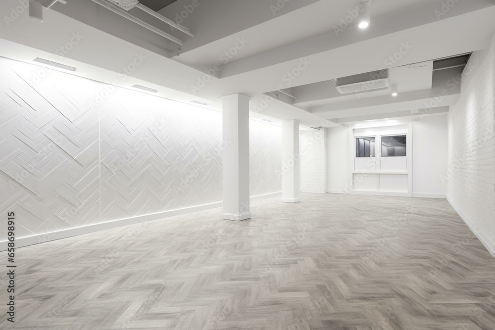 A vacant space featuring parquet flooring and walls covered in a textured white finish. Generative AI - obrazy, fototapety, plakaty 