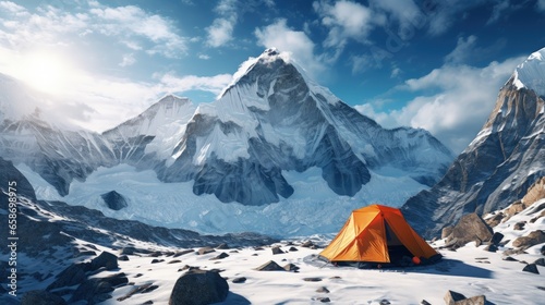 Highest mountain in the world Everest has a tent at its base in a national park Nepal © vxnaghiyev