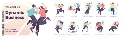 Business Concept illustrations. Collection of scenes with men and women taking part in business activities. Vector illustration