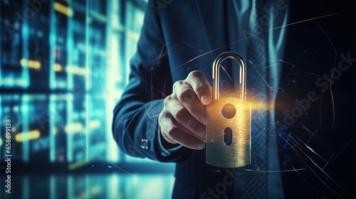 Businessman interacting with closed padlock on digital background for cybersecurity and network protection