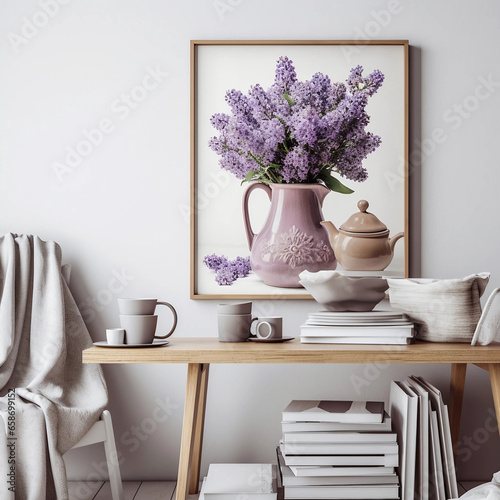 Jug of beautiful lilac flowers with coffee and books on wall
