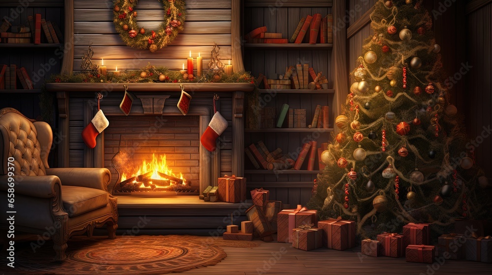 Festive holiday home decor with Christmas tree and lights