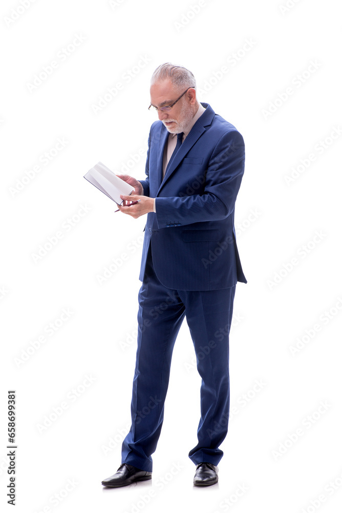 Old businessman holding book isolated on white Old businessman holding book isolated on white