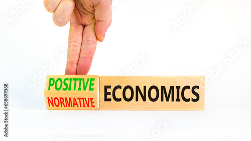 Positive or normative economics symbol. Concept words Positive economics Normative economics on blocks. Beautiful white background. Businessman hand. Business Positive normative economics concept.