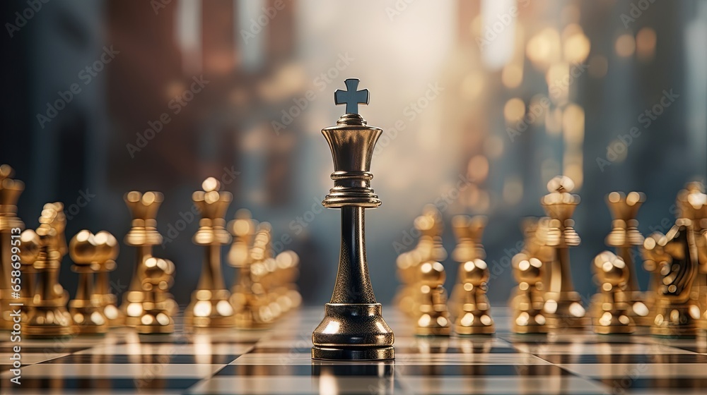 Chess concept with gold and silver pieces on a game board representing competition victory teamwork and business strategy Chess concept with gold and silver pieces on a game board representing competition victory teamwork and business strategy