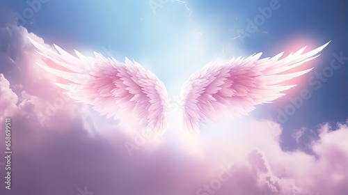 Beautiful angelic wings with bright white light between flying in a serene ethereal sky backdrop with room for text
