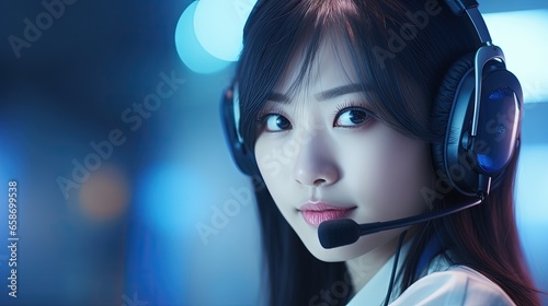 Asian girl uses headphones ...