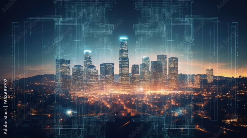 Artificial intelligence interface creatively displayed on Los Angeles skyscrapers Neural networks and machine learning depicted