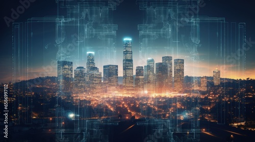 Artificial intelligence interface creatively displayed on Los Angeles skyscrapers Neural networks and machine learning depicted