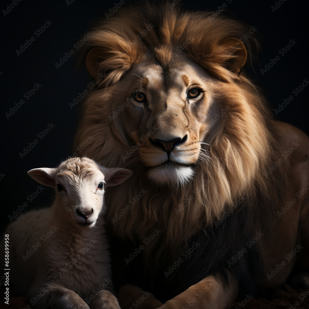 a Lion and a Lamb together on a black background a Lion and a Lamb together on a black background