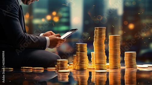 Businessman with smartphone in front of stacked coins representing digital marketing online trading and cryptocurrency investment