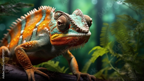 Madagascar s endangered chameleon Calumma parsonii close up vibrant color isolated on blurred background