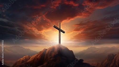 Christian cross symbolizing Easter and Jesus Christ s resurrection set against a dramatic sunset with dark clouds sunbeams and colorful mountains photo