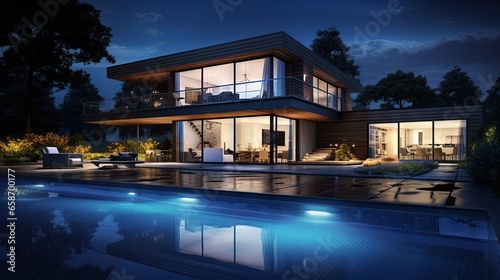 Contemporary poolside residence after dark © vxnaghiyev