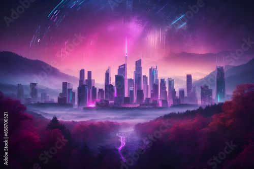 Futuristic city with sleek architecture, neon lights illuminating the urban landscape, AI Generated.