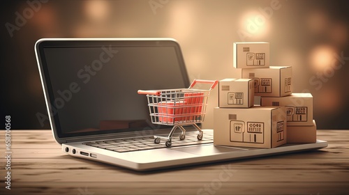 E commerce ideas items in cart and laptop on desk photo