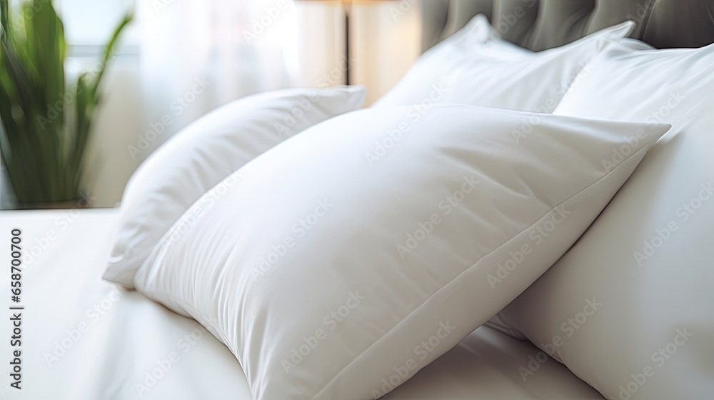 Obraz premium Clean pillowcases on anatomical pillows with latex memory foam material in a hotel room promoting healthy sleeping recreation and relaxation in a bedroom with white linen
