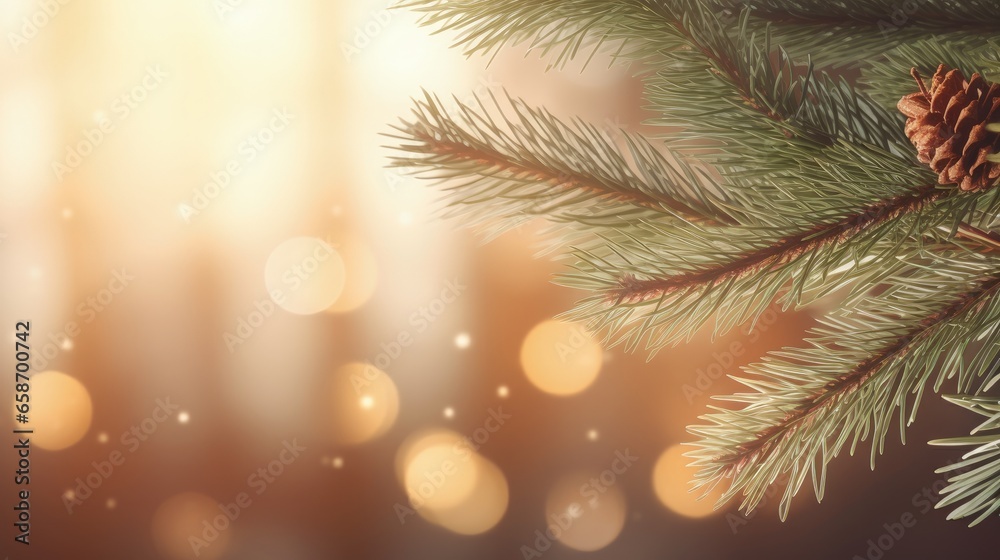 Christmas tree branch with note against blurred lights text space holiday melodies - obrazy, fototapety, plakaty 