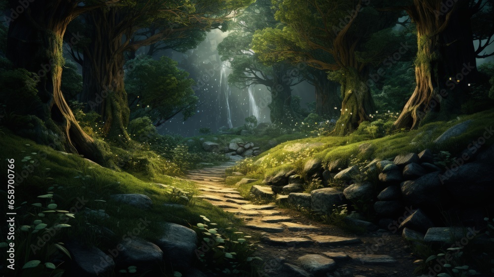 Enchanting forest with path through it