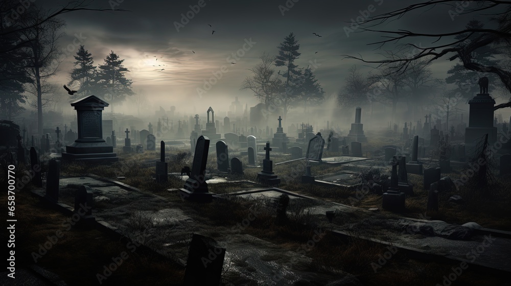 Eerie graveyard scene with aged tombstones and mist