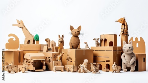Assorted homemade cardboard toys on a white backdrop photo