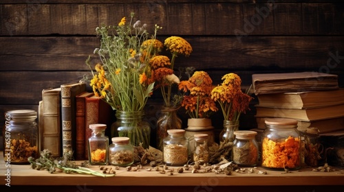 Assorted dried herbs flowers plants books on a wooden table Alternative medicine