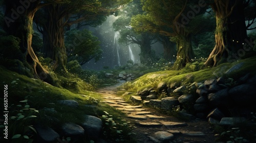 Enchanting forest with path through it