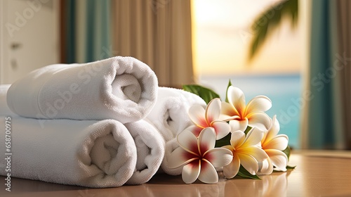Luxury hotel room with Plumeria and towels prepared for tourists