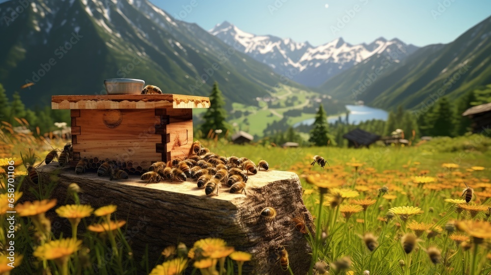 Naklejka premium Beehives on a mountain apiary surrounded by green grass Beekeeping for healthy honey products