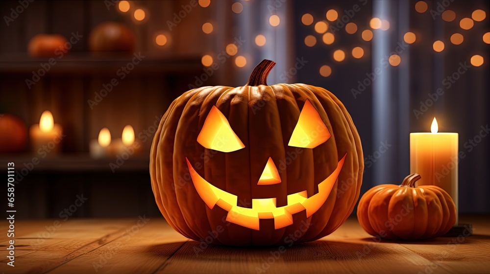 Decorated living room with carved pumpkin and candle on wooden table representing Halloween Decorated living room with carved pumpkin and candle on wooden table representing Halloween